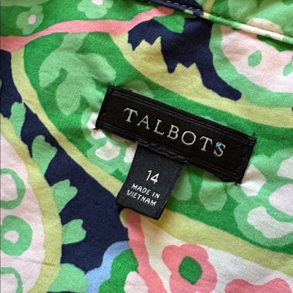 Talbots sz 14 preppy pink green and white patterned button front shirt dress - Picture 7 of 8